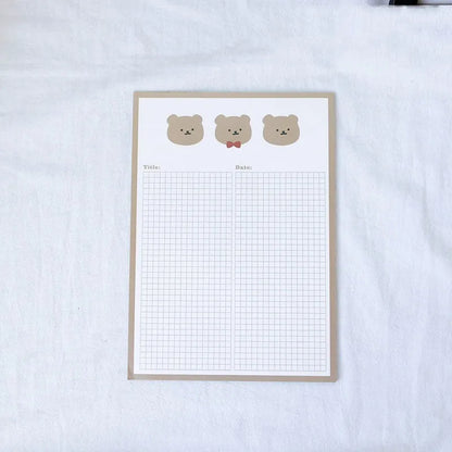 Cartoon design sticky note pads in avocado, bear, love heart, or small flower themes showing two size options
