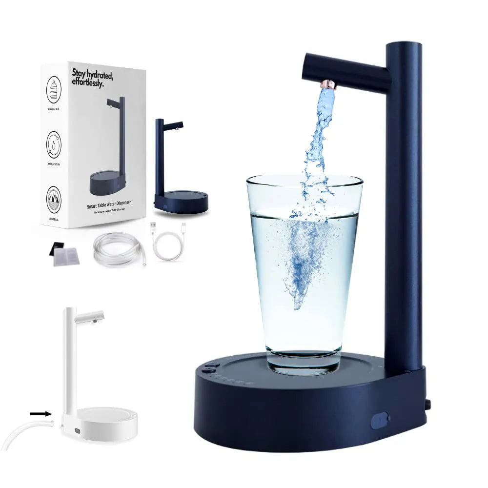 White electric water dispenser pump with USB cable for 5-gallon water bottles on desk
