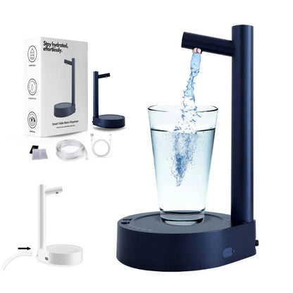 White electric water dispenser pump with USB cable for 5-gallon water bottles on desk