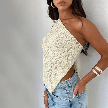 Women's backless lace vest top with asymmetrical neckline in solid colour.