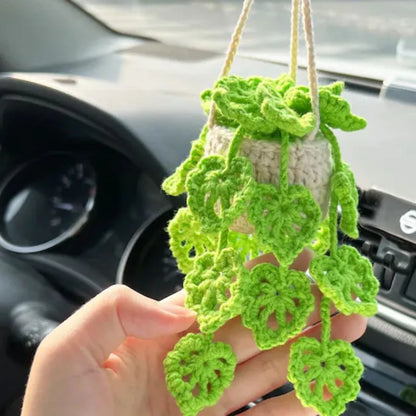 Green and white fishing style car plant decoration with 8cm base and 25cm hanging rope