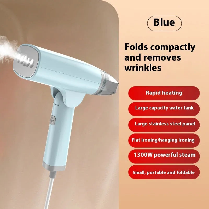 Blue handheld garment steamer with water tank, measuring 196mm long, on white background
