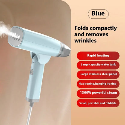 Blue handheld garment steamer with water tank, measuring 196mm long, on white background