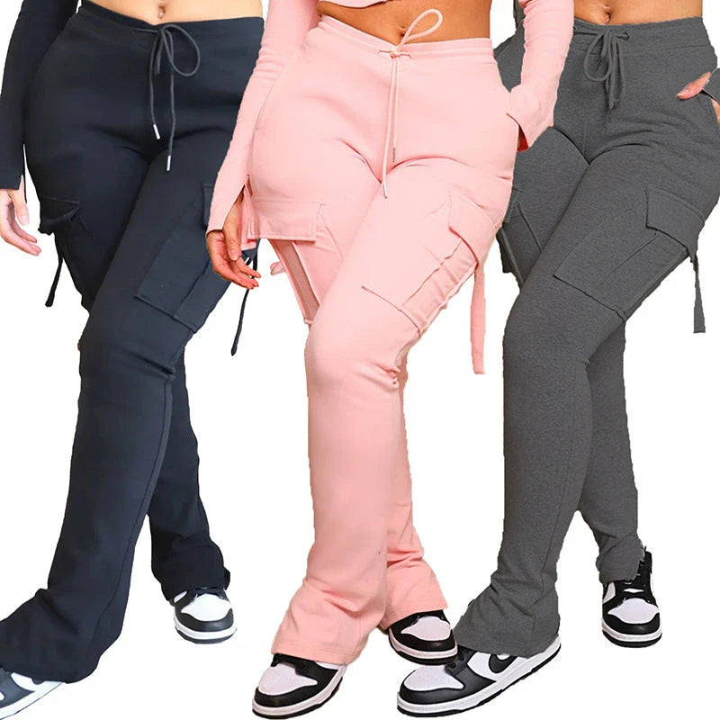 Versatile cargo pants for women with pockets, high-waist, drawstring, and wide-leg design in various colors and sizes