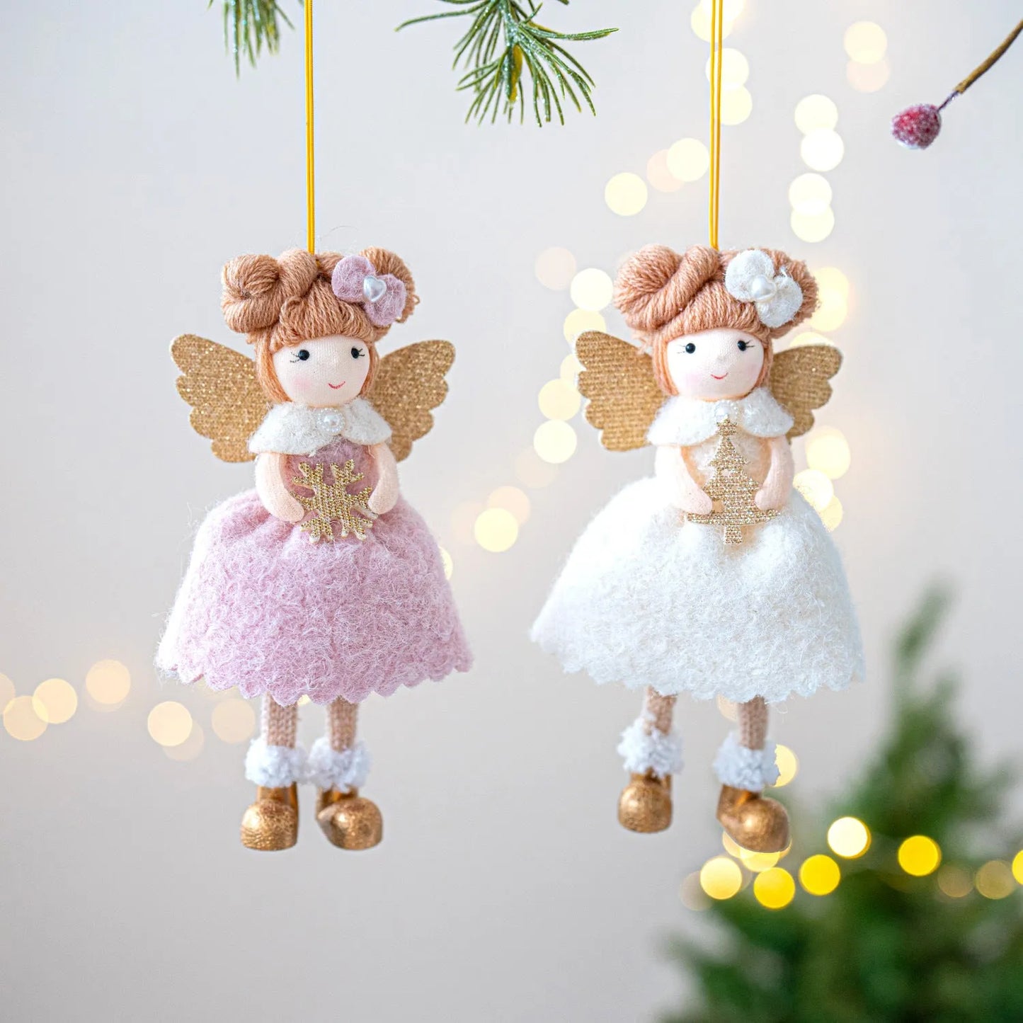 Pink and white cloth angel wings Christmas plush pendant decoration with hanging cord