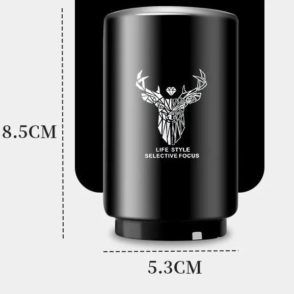 Stainless steel automatic bottle opener measuring 8.4 cm by 5.3 cm on a kitchen counter