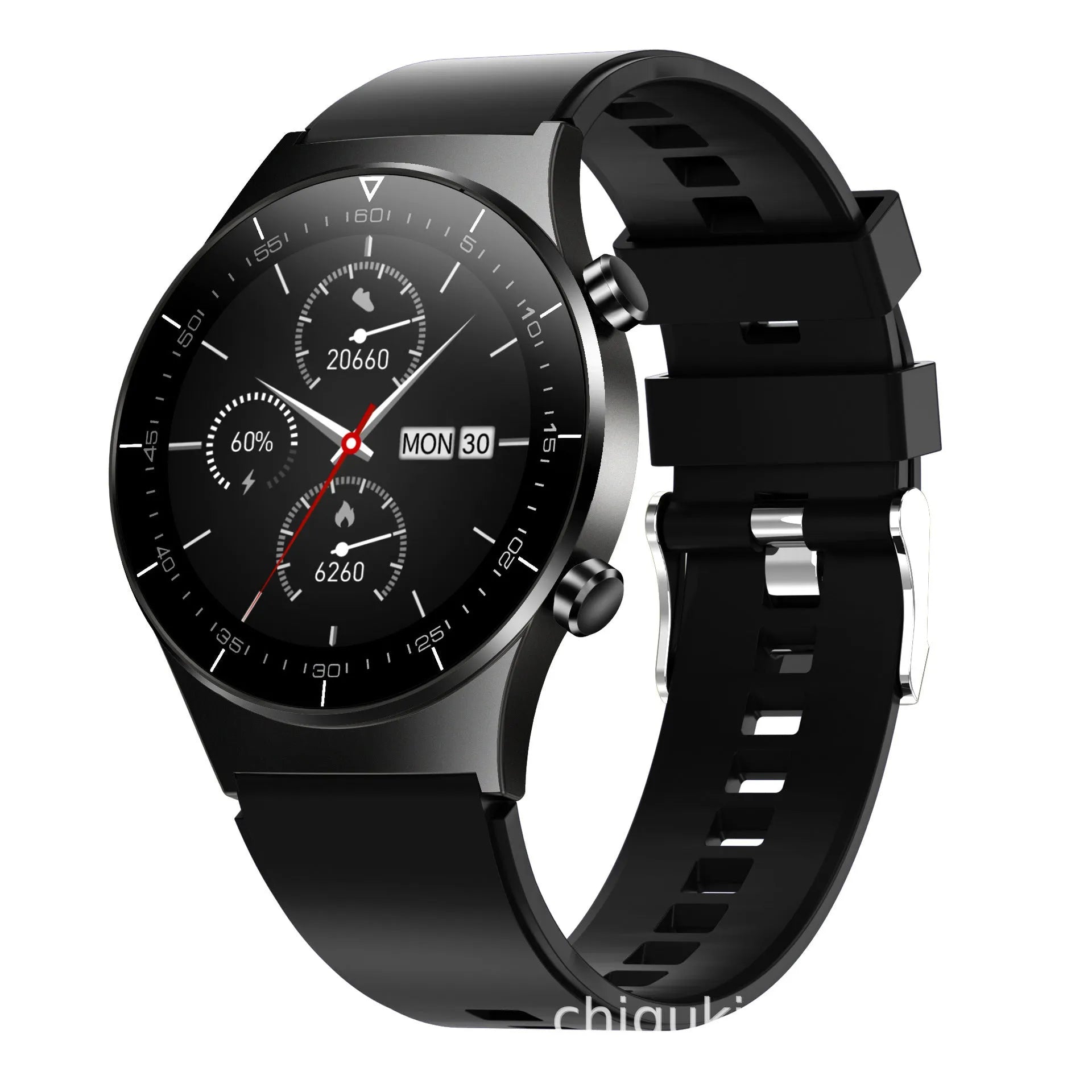 Black smart watch with touchscreen display showing health metrics including heart rate and blood pressure readings