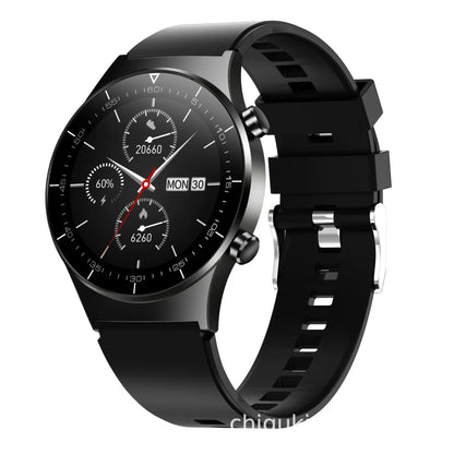 Black smart watch with touchscreen display showing health metrics including heart rate and blood pressure readings