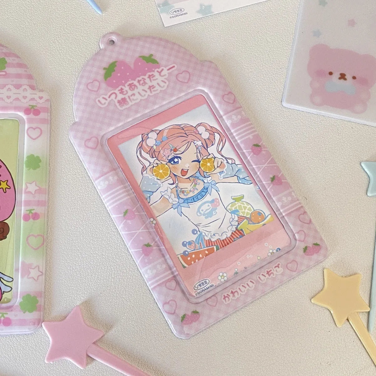 PVC cartoon meal card holder with clear sleeve, strawberry or four-leaf clover design, 7.6x13.6cm