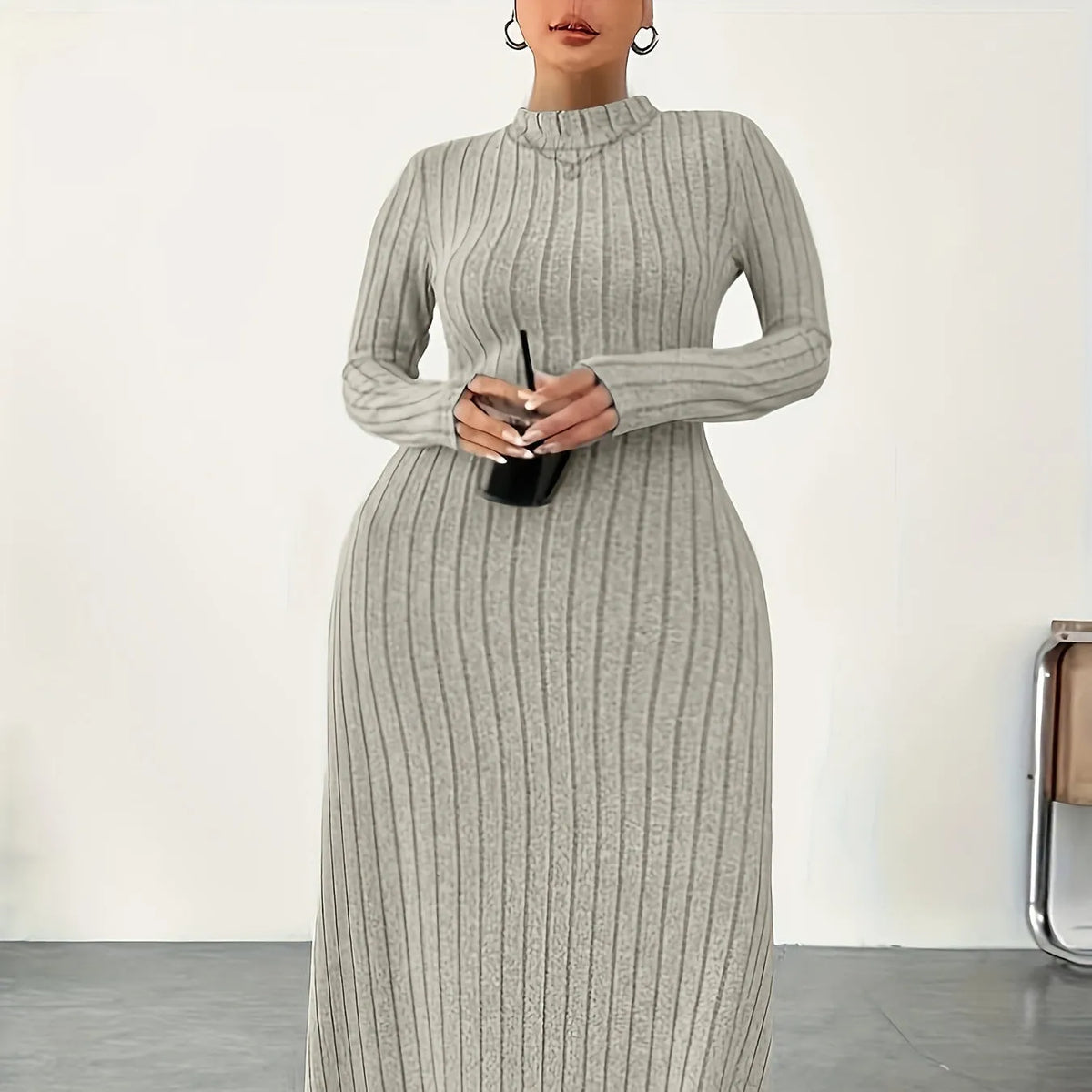 Plus size women's turtleneck long sleeve dress in black, army green, or milky white with stripe pattern, casual autumn winter long skirt.