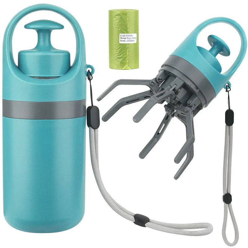 Portable dog poop scooper with claw mechanism and built-in bag dispenser for effortless pet waste cleanup