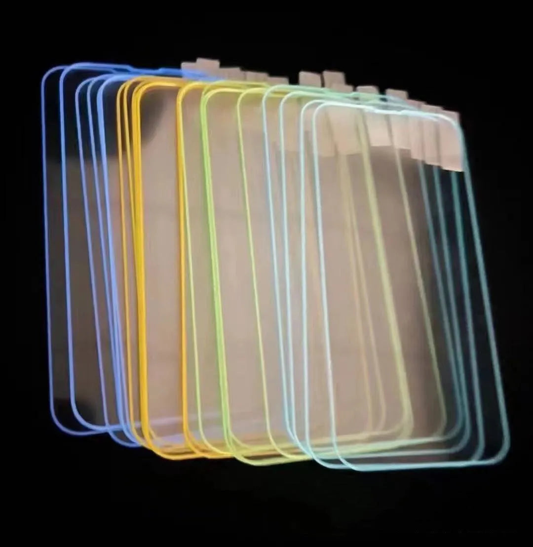 Fluorescent tempered glass screen protector for iPhone with luminous glow in pink, yellow, green, blue, and grass green colours