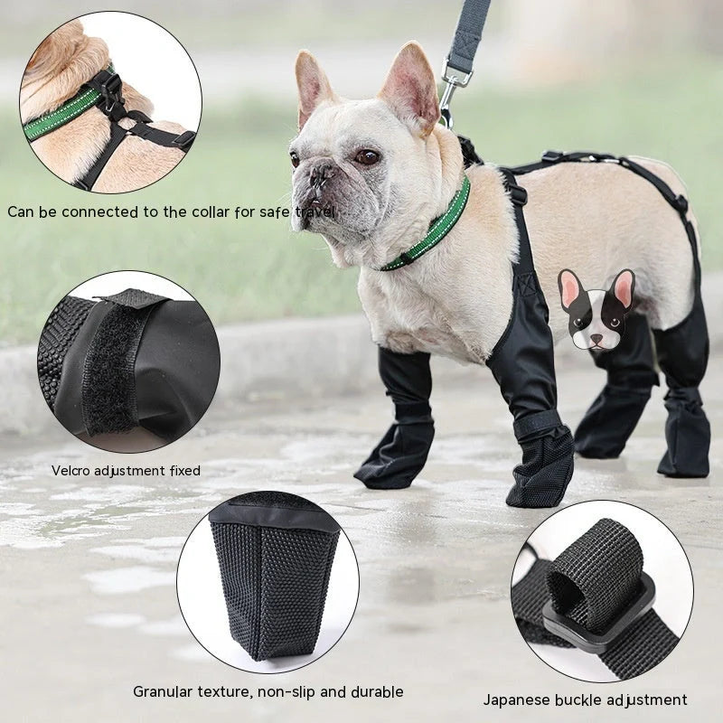 Adjustable waterproof dog boots with non-slip soles in black