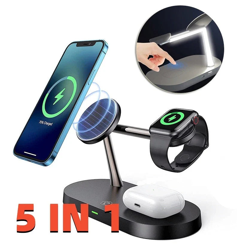 5-in-1 Magnetic Wireless Charging Hub with Desk Stand, Night Light, and Adjustable Charging for Smartphone, Smartwatch, and Wireless Earbuds