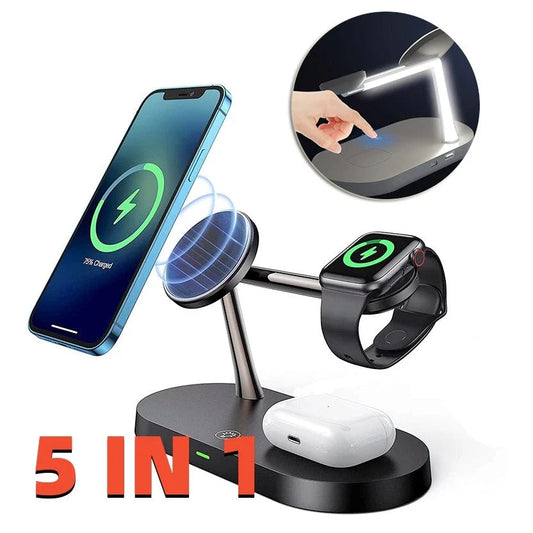 5-in-1 Magnetic Wireless Charging Hub with Desk Stand, Night Light, and Adjustable Charging for Smartphone, Smartwatch, and Wireless Earbuds