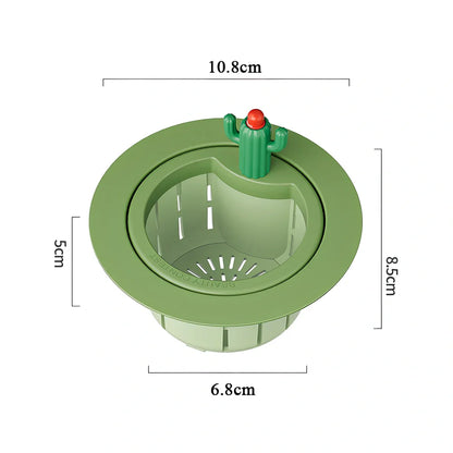 Green cactus-shaped PP sink filter basket with widened gasket on kitchen drain, 10cm height