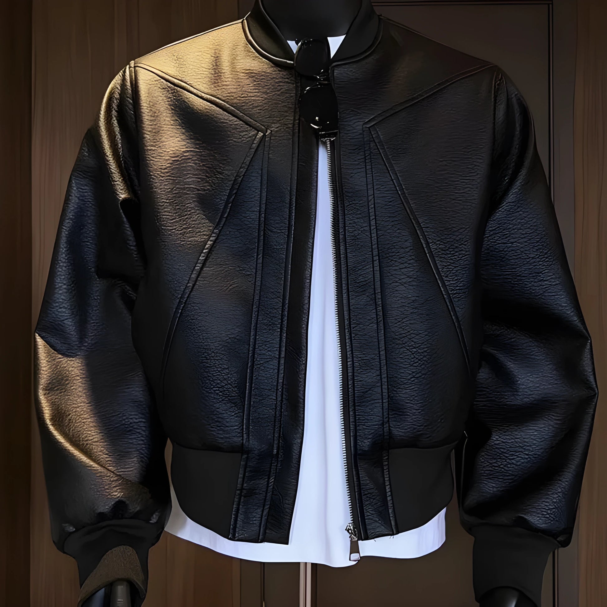 Man wearing a long black PU leather jacket with a litchi grain texture, showing its extended 100cm length and tight fit.