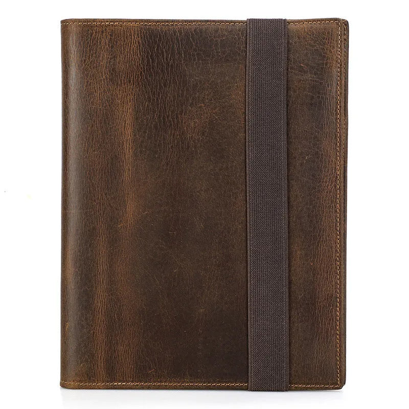 Brown Crazy Horse leather A5 notebook protective sleeve with square shape and socket style opening