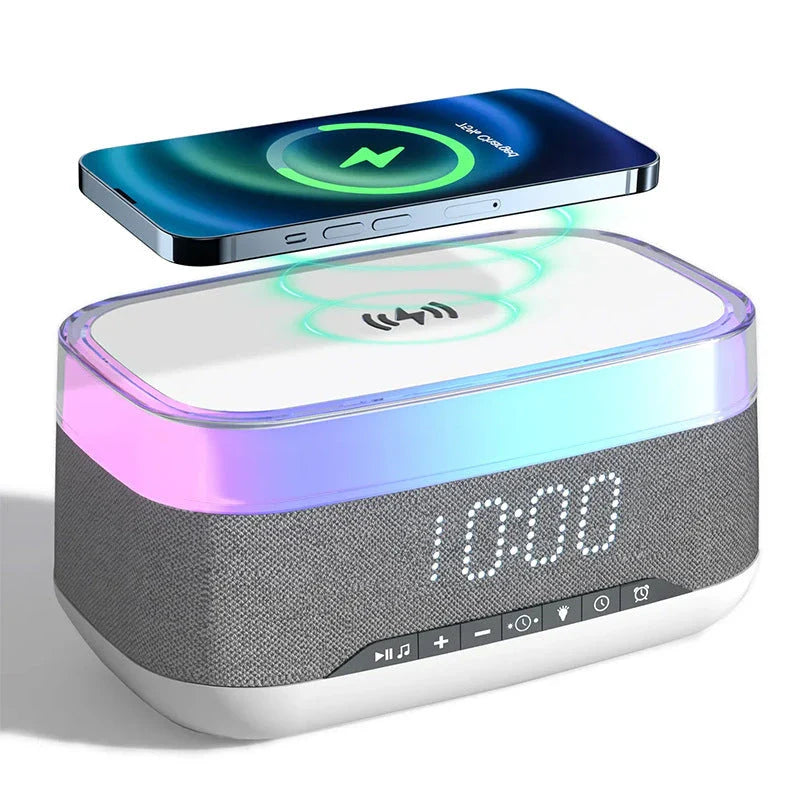 Multifunctional Bluetooth alarm clock with wireless charging, night light, and premium speaker