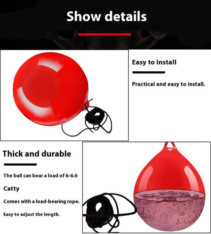Red water-filled PVC boxing reaction ball with hook rope for hanging speed training drills.