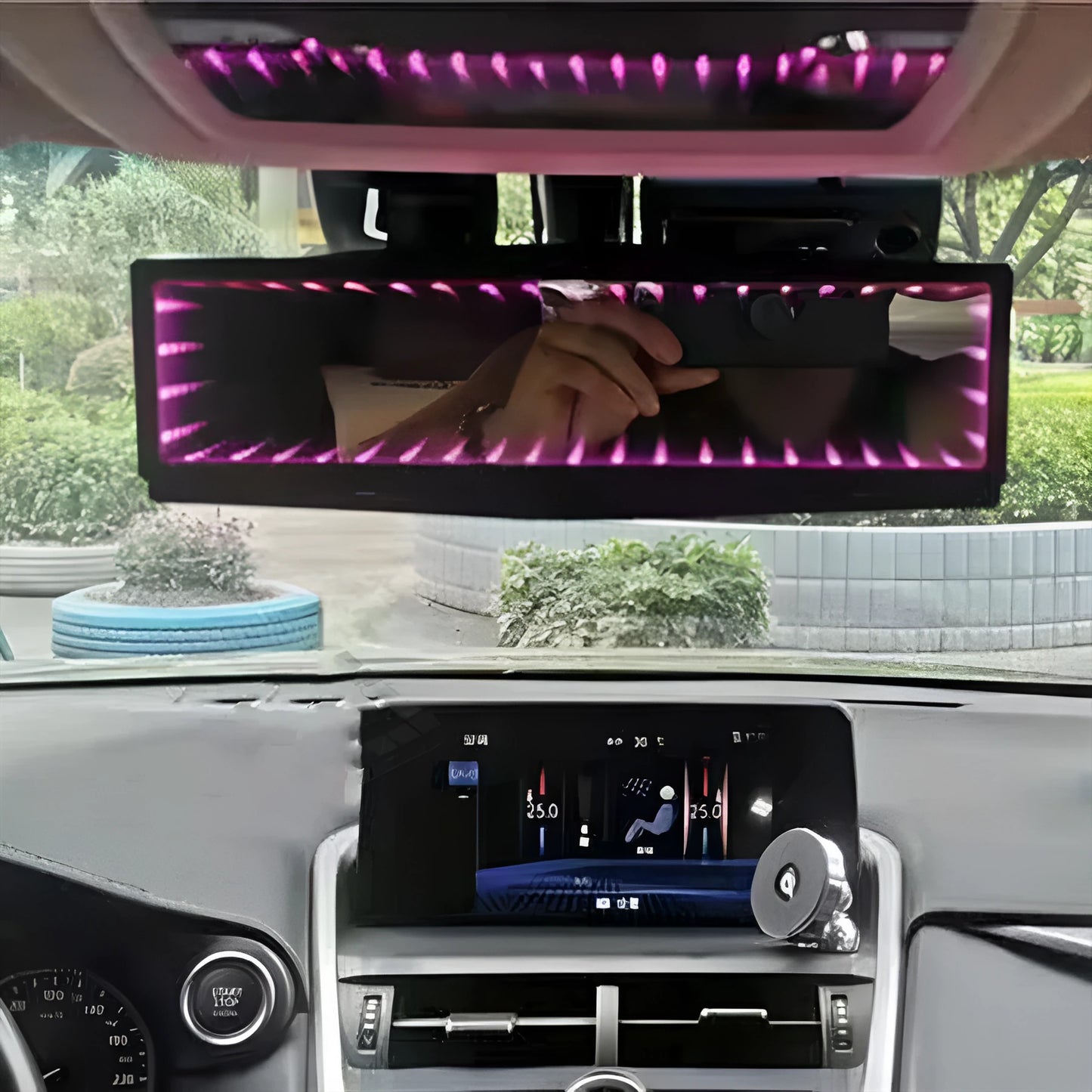 280mm wide flat car rearview mirror with anti-glare coating and coloured LED lighting frame in blue.