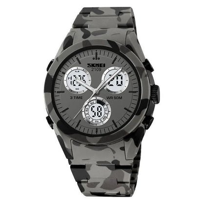 Electronic casual watch with resin mirror and TPU strap showing camouflage pattern, 50m water resistant