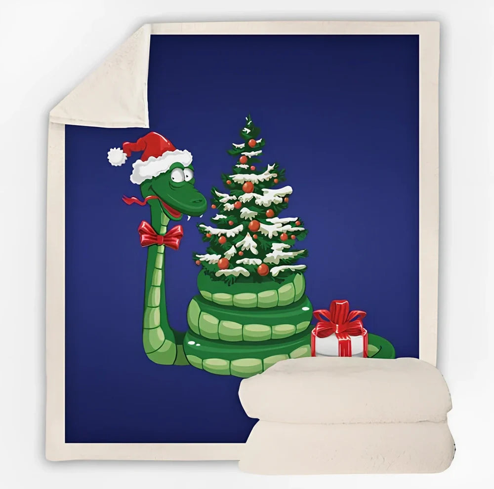 Christmas pattern coral fleece blanket on sofa showing HD printing detail and modern minimalist design