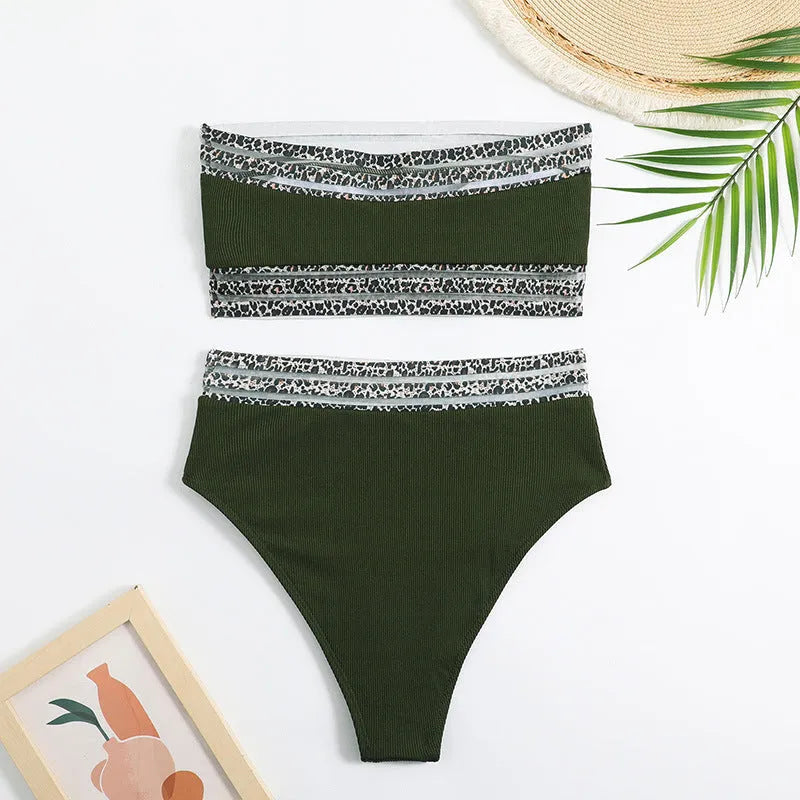 Black strapless bikini with leopard pattern splicing, showing bra and shorts set.
