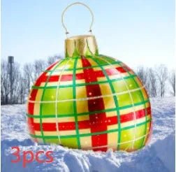 Large 60cm inflatable PVC Christmas decoration ball in bright colours for outdoor garden or tree display.