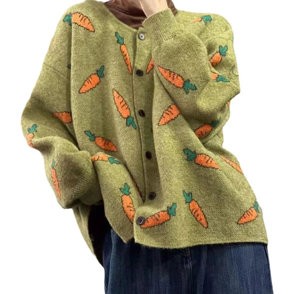 Round neck Mori artistic printing cardigan with colour contrast design in loose casual fit