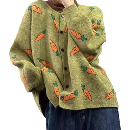 Round neck Mori artistic printing cardigan with colour contrast design in loose casual fit
