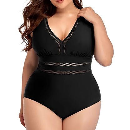 Black plus size bikini swimsuit with print design for women, shown on a hanger.