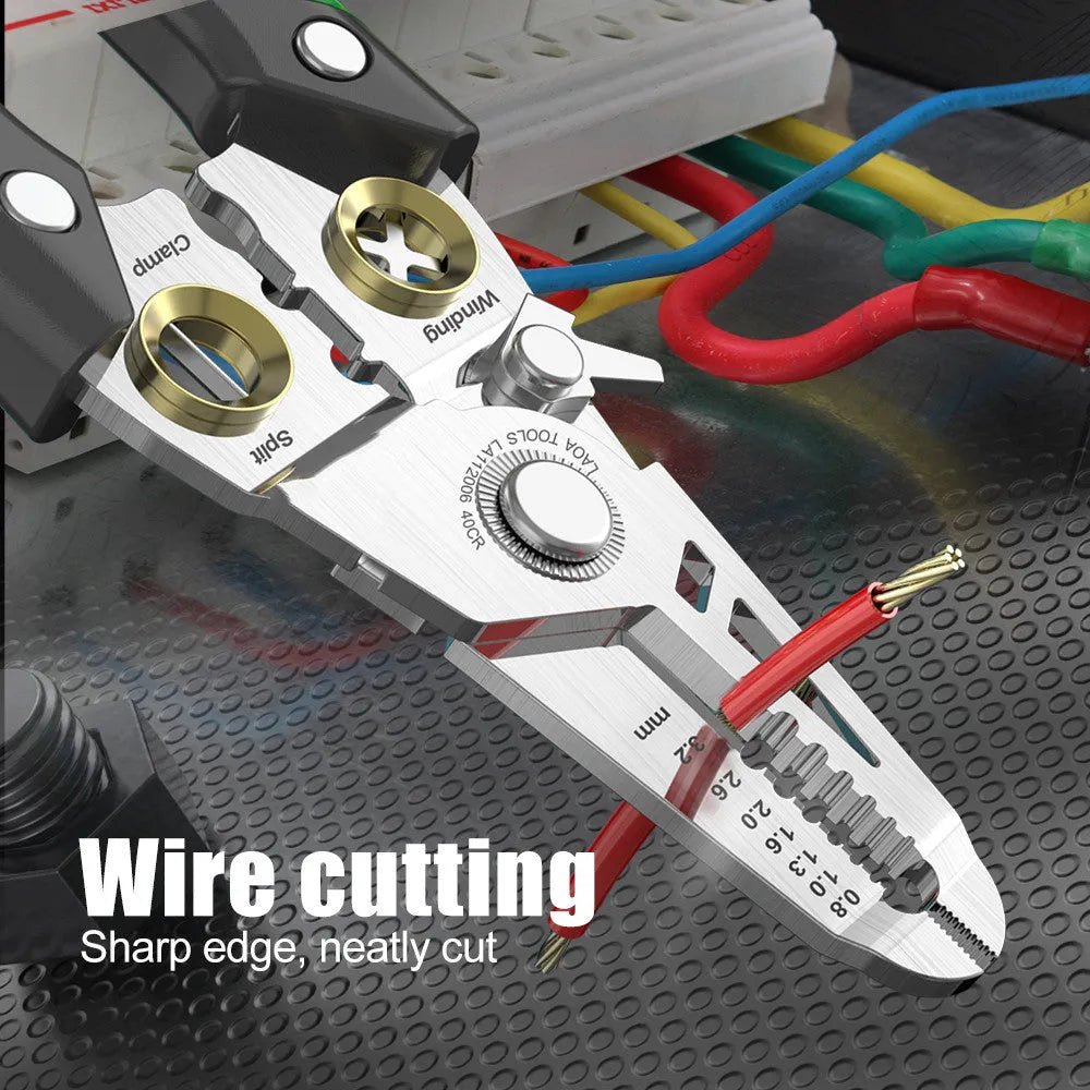 Stainless steel wire stripper tool with a two-colour handle showing seven different sized stripping holes.