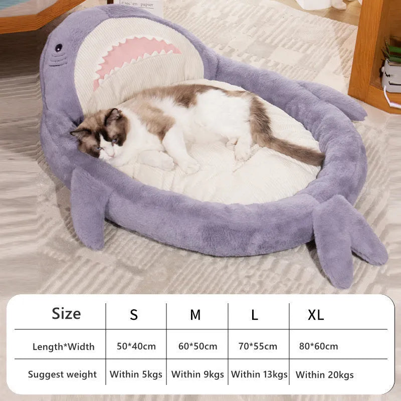 Blue shark pattern velvet pet bed cushion for small dog on wooden floor