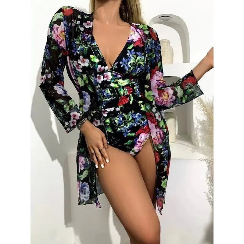 Women's floral pattern bikini three-piece swimsuit set with cover-up coat in multiple colour options