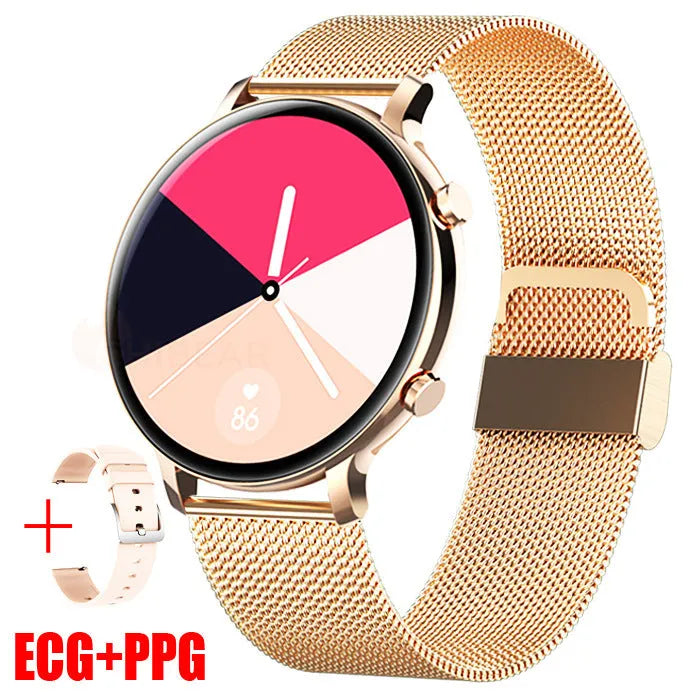Bluetooth call smartwatch with stainless steel strap showing heart rate monitoring on screen