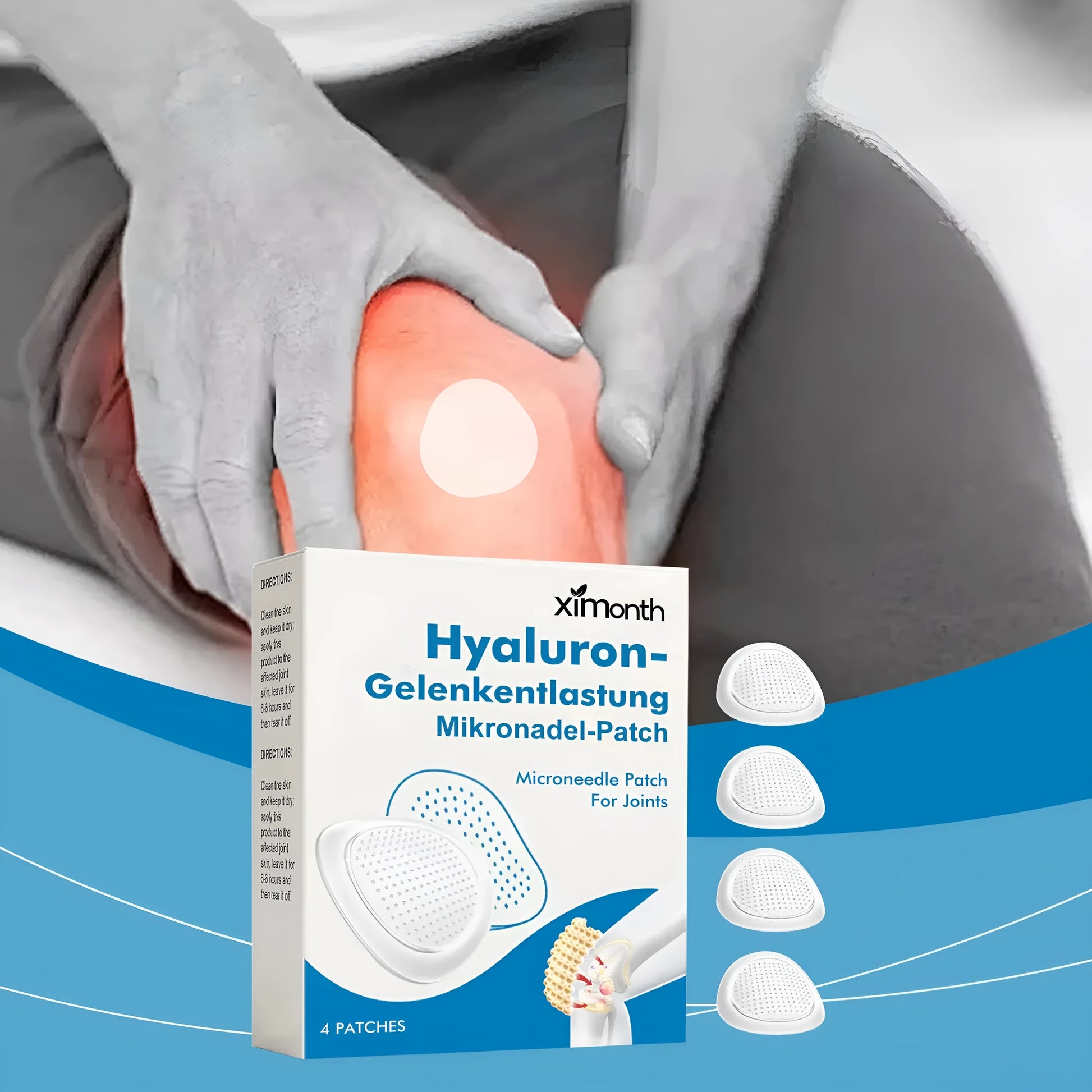 Four hyaluronic acid joint relief microneedle patches with herbal ingredients on a PE backing.