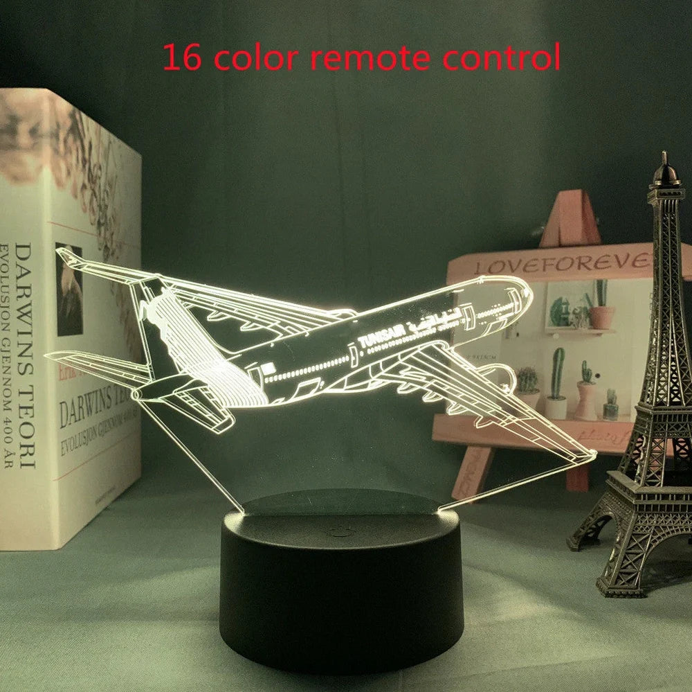 Custom 3D aeroplane hologram night light with personalised name, showing optical acrylic panel and ABS base