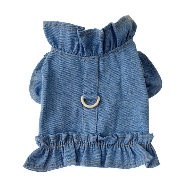 Blue denim pet dress with ruffles and back harness hook for dogs and cats