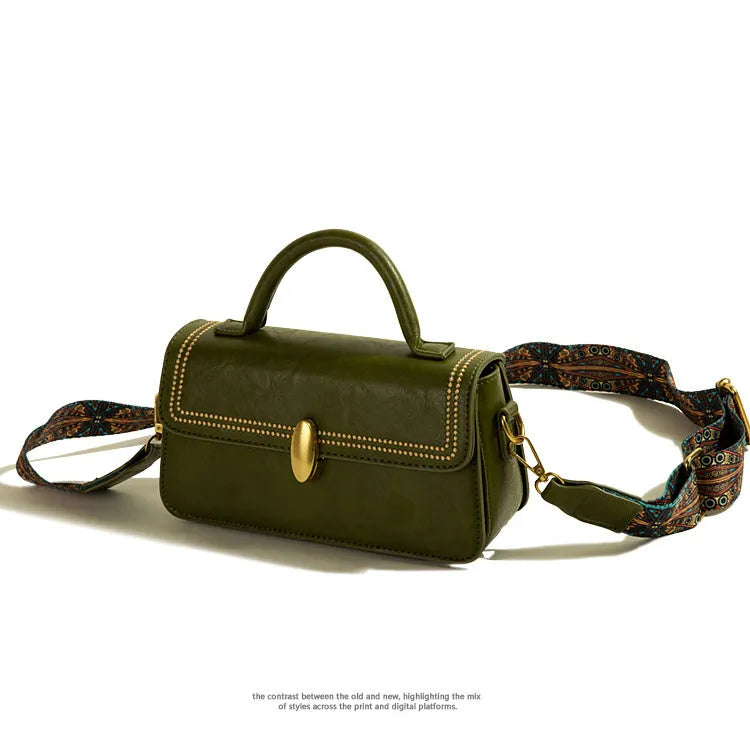 Brown retro-style PU leather women's messenger bag showing front view and organisational compartments.
