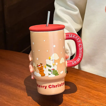 800ml white porcelain ceramic Christmas mug with cartoon pattern and cylindrical single-layer body