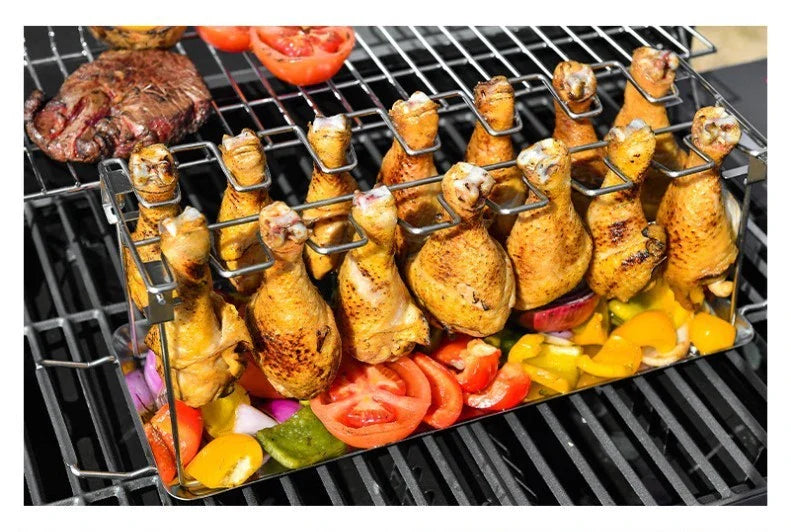 Stainless Steel Barbecue Rack with 14 Slots for Chicken, Ribs, and More