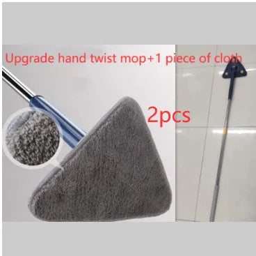 Blue extendable triangle cleaning mop with rotating head on a stainless steel pole.