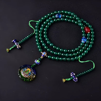 Green agate multi-circle bracelet with 108 beads and a pendant, showing Buddha beads or Thangka style options.
