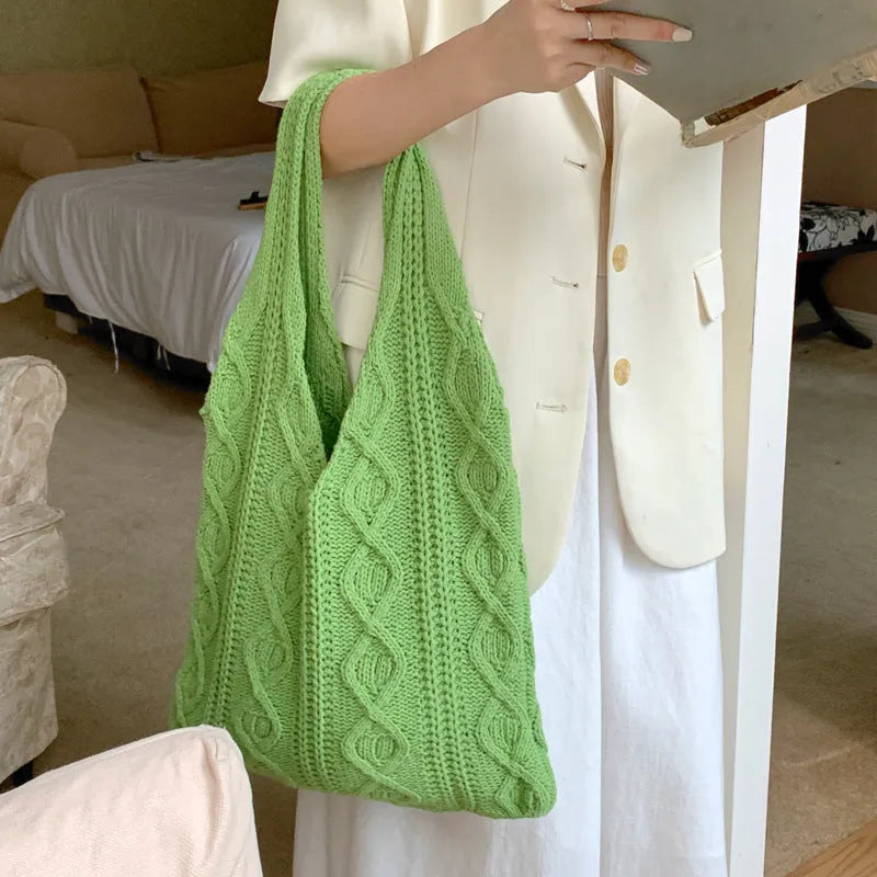 Women's retro crochet shoulder bag in hollow-knitted polyester with double straps, shown in khaki colour