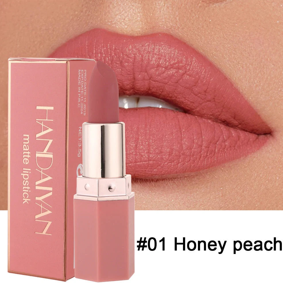 HANDAIYAN matte nourishing lipstick in six colours showing 3.5cm length and 1.2cm diameter bullet