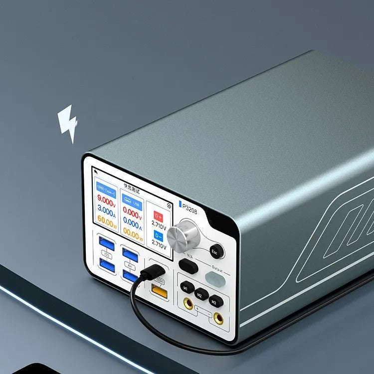 320W intelligent regulated power supply with 3.0-inch IPS display, alligator clips, and boot lines for electronic testing
