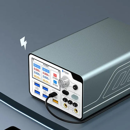 320W intelligent regulated power supply with 3.0-inch IPS display, alligator clips, and boot lines for electronic testing