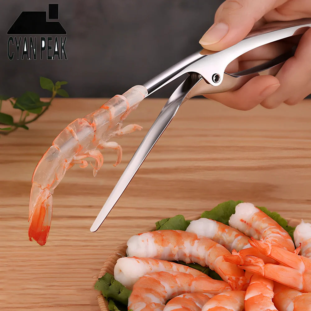 Stainless steel shrimp peeler tool with ergonomic handle for quick shellfish preparation