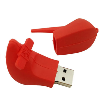 Red push-pull USB flash drive with PVC case showing extended USB connector